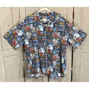 CT Hawaii Men's 3XL Hawaiian Shirt Blue Tropical Woody Wagon Retro Vibes Cotton